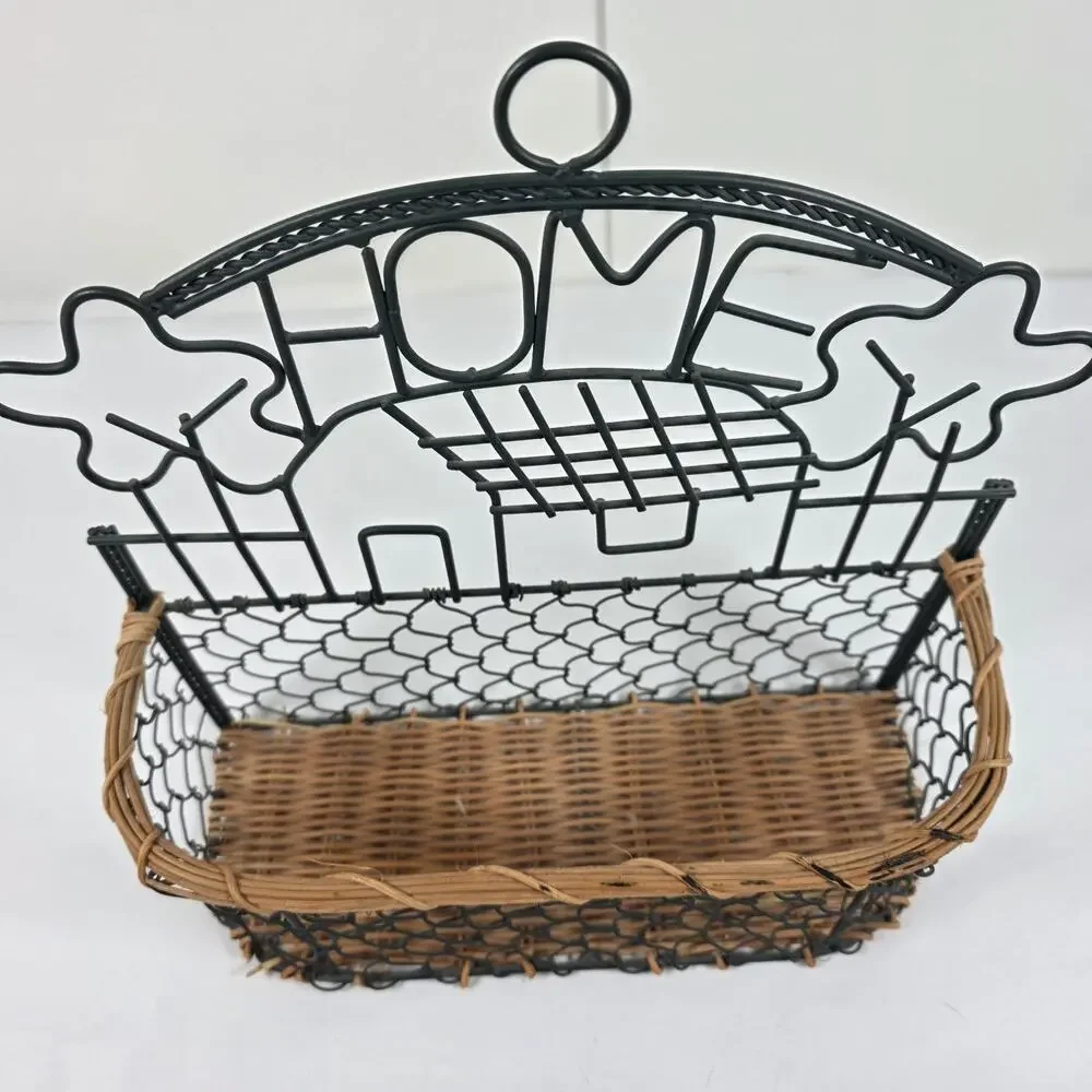 Rustic Home Wall Basket Wire Metal Wicker Hanging Farmhouse Organizer cottage